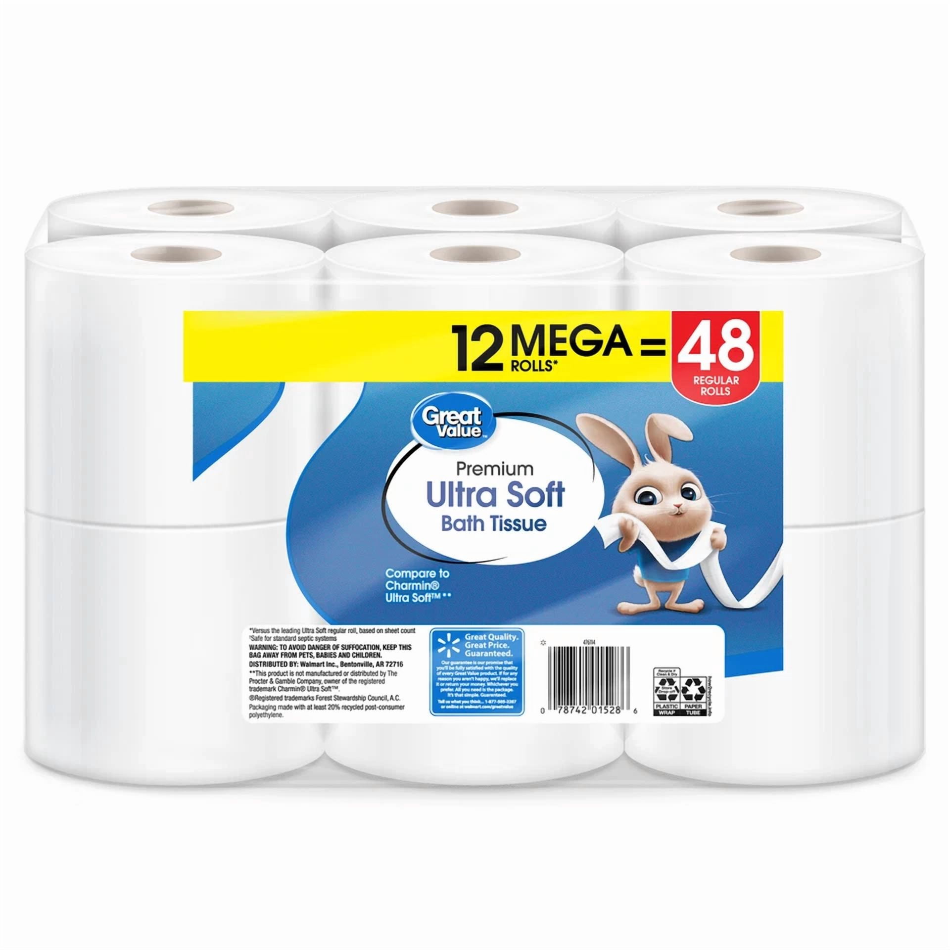 Ultra Soft Toilet Paper 12 Mega Rolls 244 Sheets 2 Ply Bathroom Toilet Paper