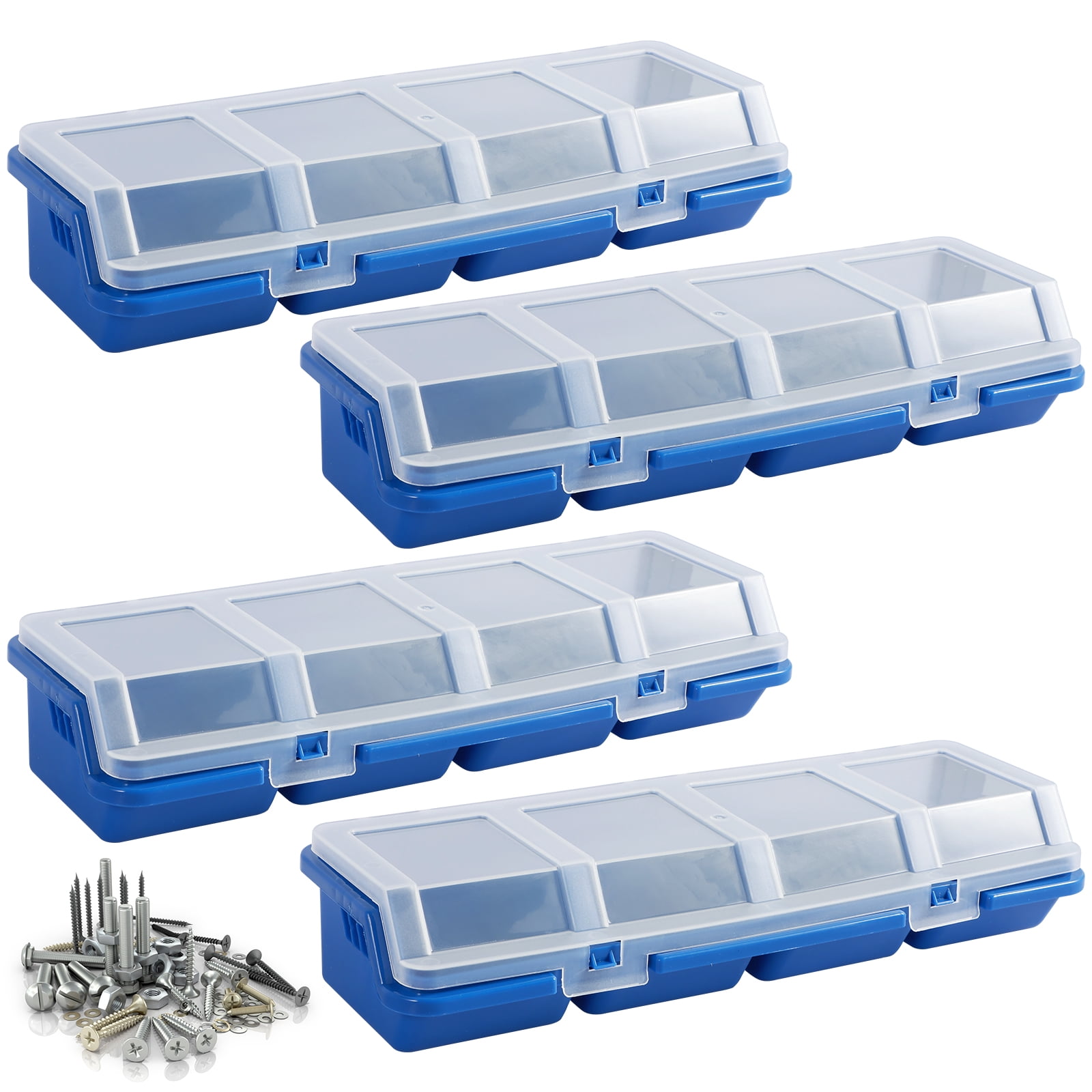 Grusce 4Pcs Parts Storage Box Plastic Screw Organizer Box with 4 Compartment Small Tool Part Container Bin with Lid and Lock Durable Divided Hardware Storage Bin for Garage Workshop