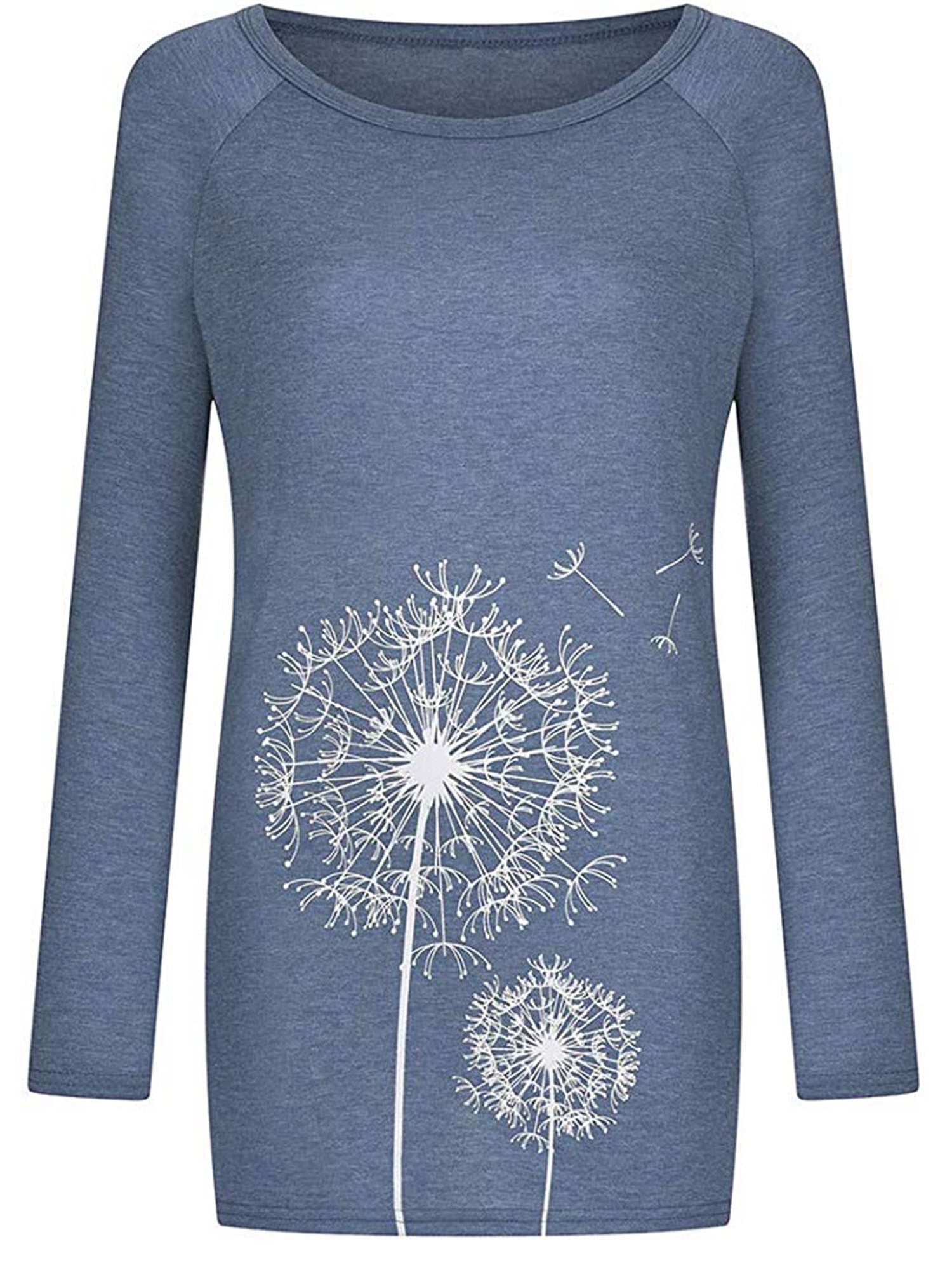 Womens Plus Size Dandelion Printed Pockets Tunic EDC Casual Loose Long Sleeve Tops Blouse Shirts Outwear for Leggings