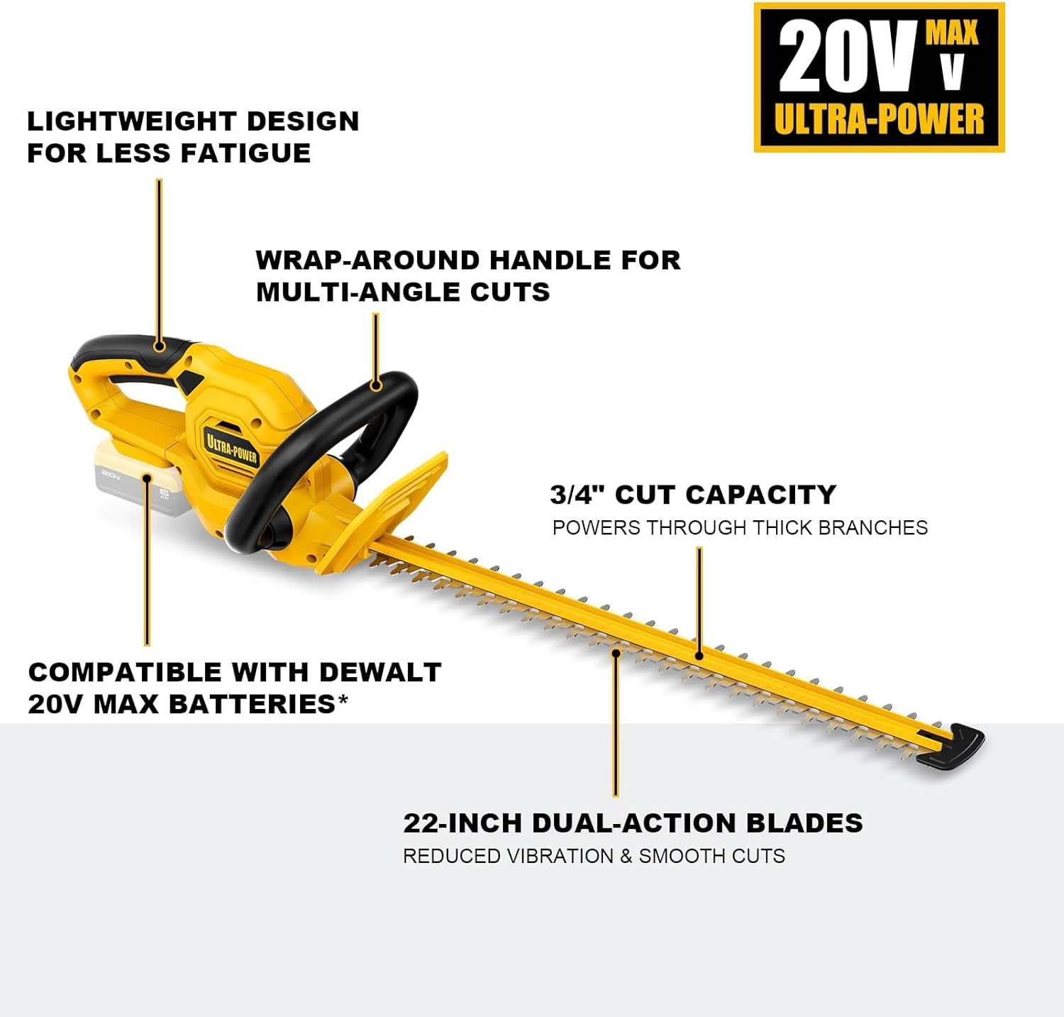 22-Inch Cordless Hedge Trimmer Compatible with DeWalt 20V  Battery, Lightweight Electric Bush Shrub Edge Trimmer with 250W Motor for Yard Maintenance