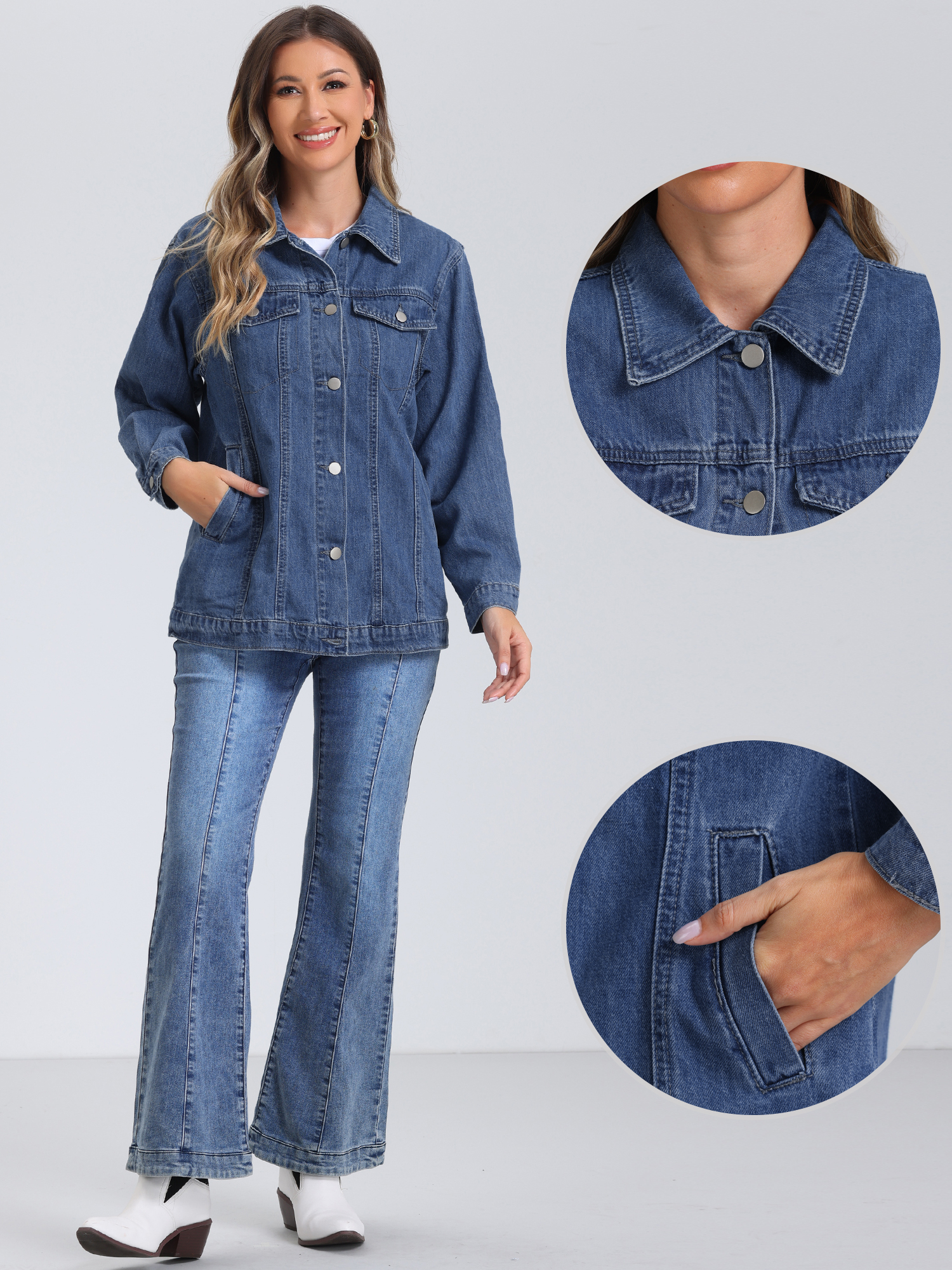 DARING DIVA Women's Long Denim Jacket Oversized Long Sleeve Pocket Jean Jacket XS Blue