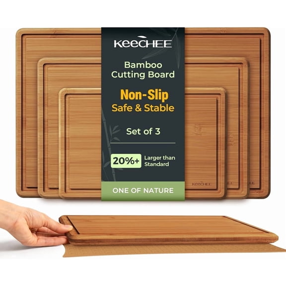 Keechee Bamboo Cutting Board with Non-slip Mat, Cutting Boards for Kitchen Meal Prep & Serving - Wood Serving Board Sets with Deep Juice Groove Ideal Kitchen Gifts
