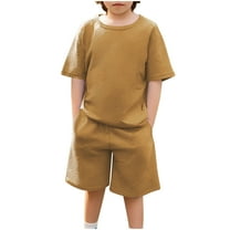 Efsteb Boys Summer Outfits 2 Piece Casual Set Short Sleeve Tshirt Elastic Waist Shorts Kid Clothing Sets Sweatsuit (Khaki,11-12 Years)