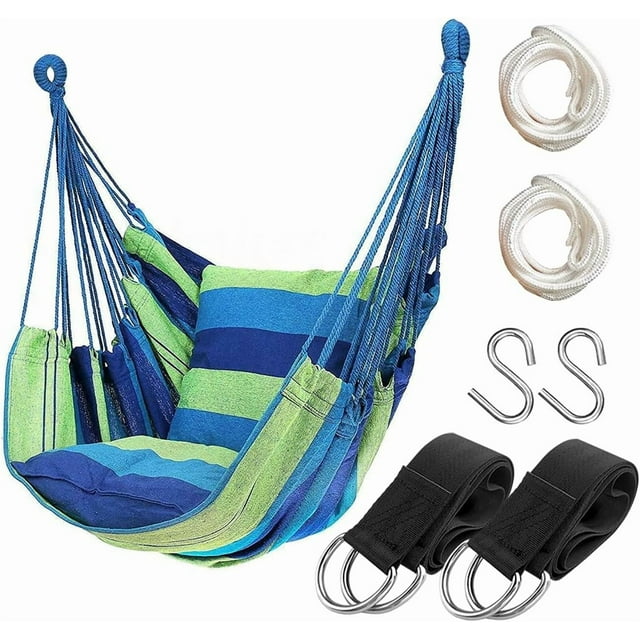 Hammock Chair Hanging Rope Swing Seat for Indoor Outdoor, Sturdy Cotton Weave Hammock Swing, Max 300Lbs Hanging Hammock Chair (Pole and Pillows NOT Included, Green)