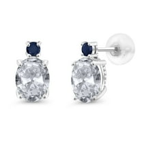 Gem Stone King 14k White Gold White Topaz and Blue Sapphire Earrings for Women (2.8Cttw, GemstoneNovember Birthstone, Oval 8X6MM, Round 2.5MM)