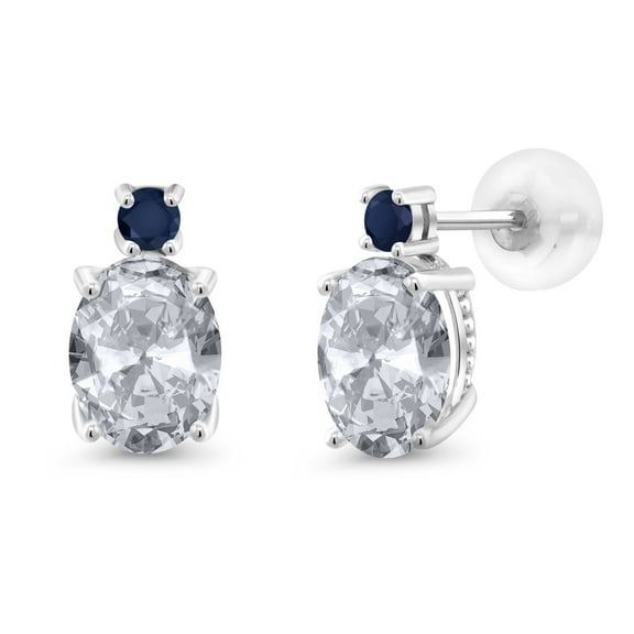 Gem Stone King 14k White Gold White Topaz and Blue Sapphire Earrings for Women (2.8Cttw, GemstoneNovember Birthstone, Oval 8X6MM, Round 2.5MM)