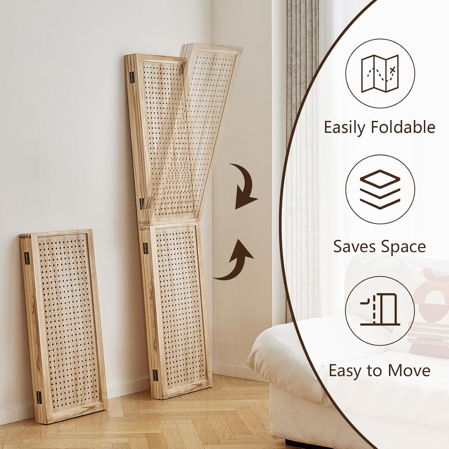 4 Panel Wooden Room Dividers, 5.6FT High Plug-in Folding Screen Made of Natural Wood, Pegboard Display for Bedroom and Shopping Malls and Jewelry Stores, Light Brown