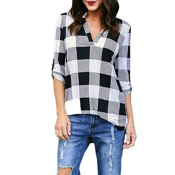 2/3 Sleeve Plaid Pullover Shirts Tops for Women