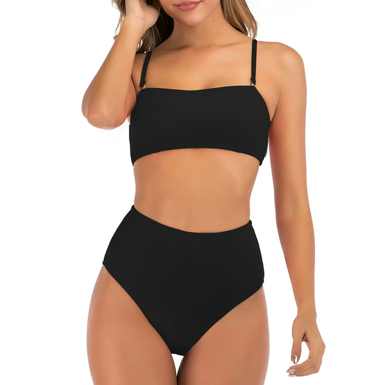 Womens Sexy Bikini Swimwear Two-Pieces Sets Black Swimsuit High