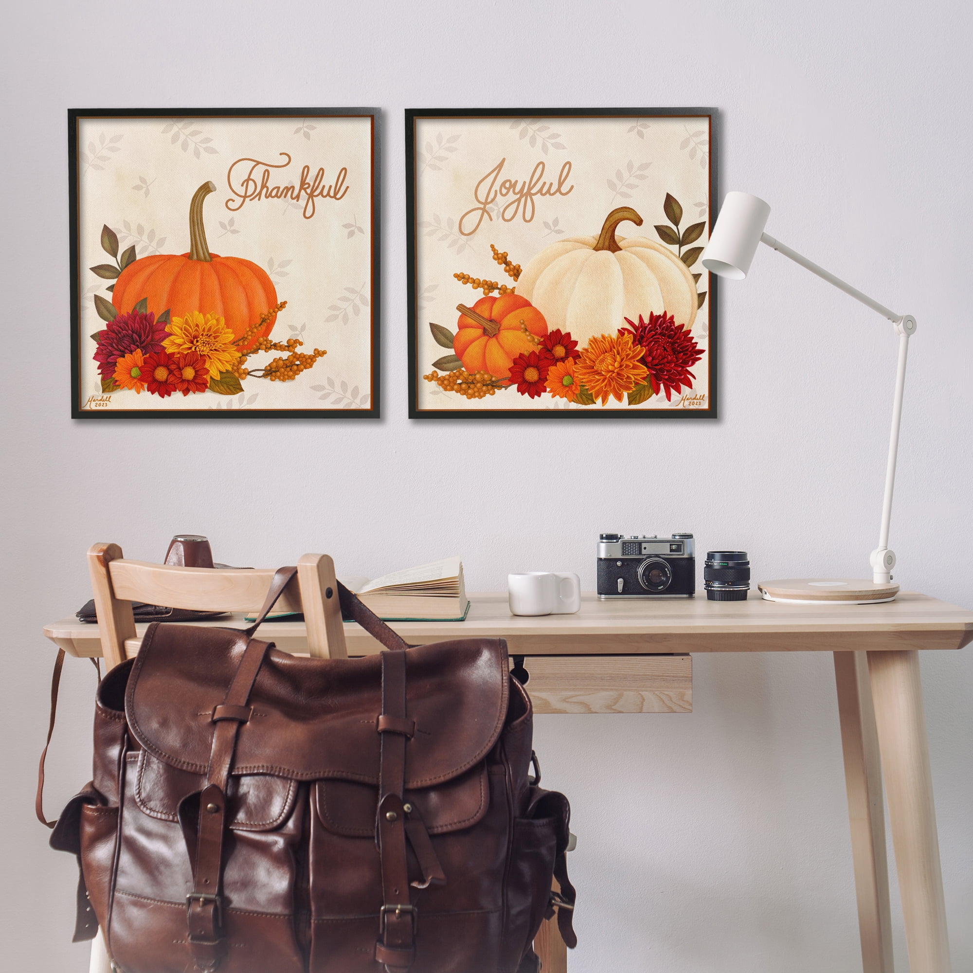 Stupell Industries Joyful Thankful Sentiment Pumpkin Holiday Painting Black Framed Art Prints Wall Art, 24 x 24, Set of 2