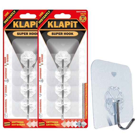 KLAPiT Super Hook – Heavy-Duty Adhesive Wall Hook, holds up to 11 lb, waterproof, no damage, steel, easy install