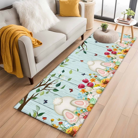 Easter 2'x6' Runner Rugs for Hallway Kitchen Bedside Non Slip Washable, Spring Watercolor Eggs Tulip Wooden Grain Teal Entryway Rug Runners with Rubber Backing, Long Carpet Runner for Laundry Room