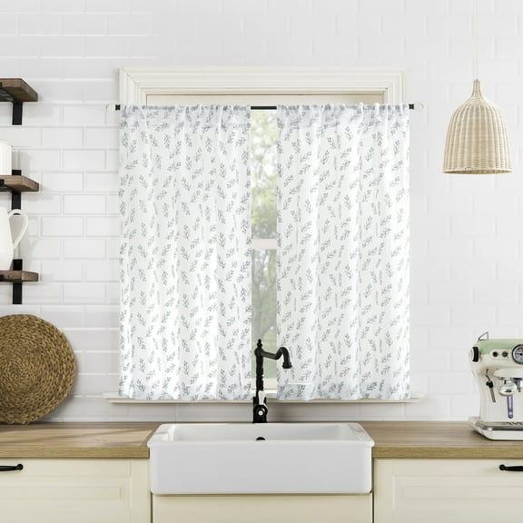 No. 918 Hawthorne 2-Pack Floral Leaf Sheer Rod Pocket Kitchen Curtains, 52"W X 36"L