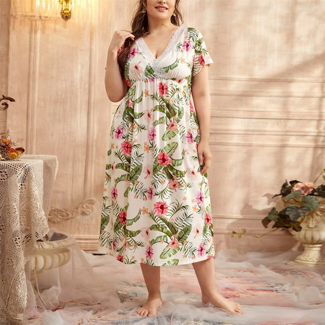 Qertyioot Robe pour Femme Grande Taille en Dentelle Patchwork Imprimée Pyjama d'Été Vêtements de Maison Robes de Pyjama