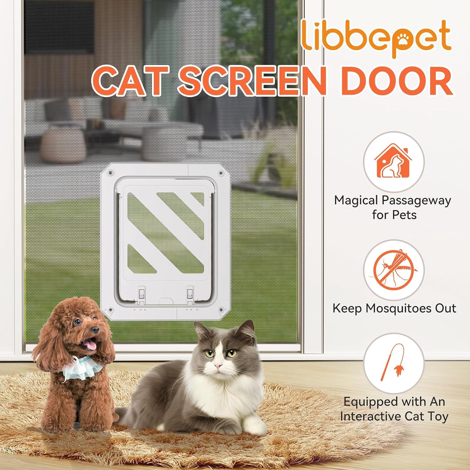 Cat Door for Screen Door, Lockable Cat Screen Door for Cats & Small Dogs Up to 20 lbs, Magnetic Flap Opening 7 x 9 inches, Equipped with Interactive Cat Toy & Installation Tools, White