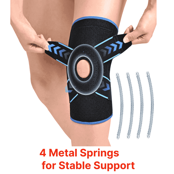 HLTHZONE Adjustable Knee Brace with Side Stabilizers for Running, Compression Knee Support for Meniscus Tear, Arthritis, ACL, LCL, Knee Pain Relief for Men & Women, Size XL(Black/Blue)