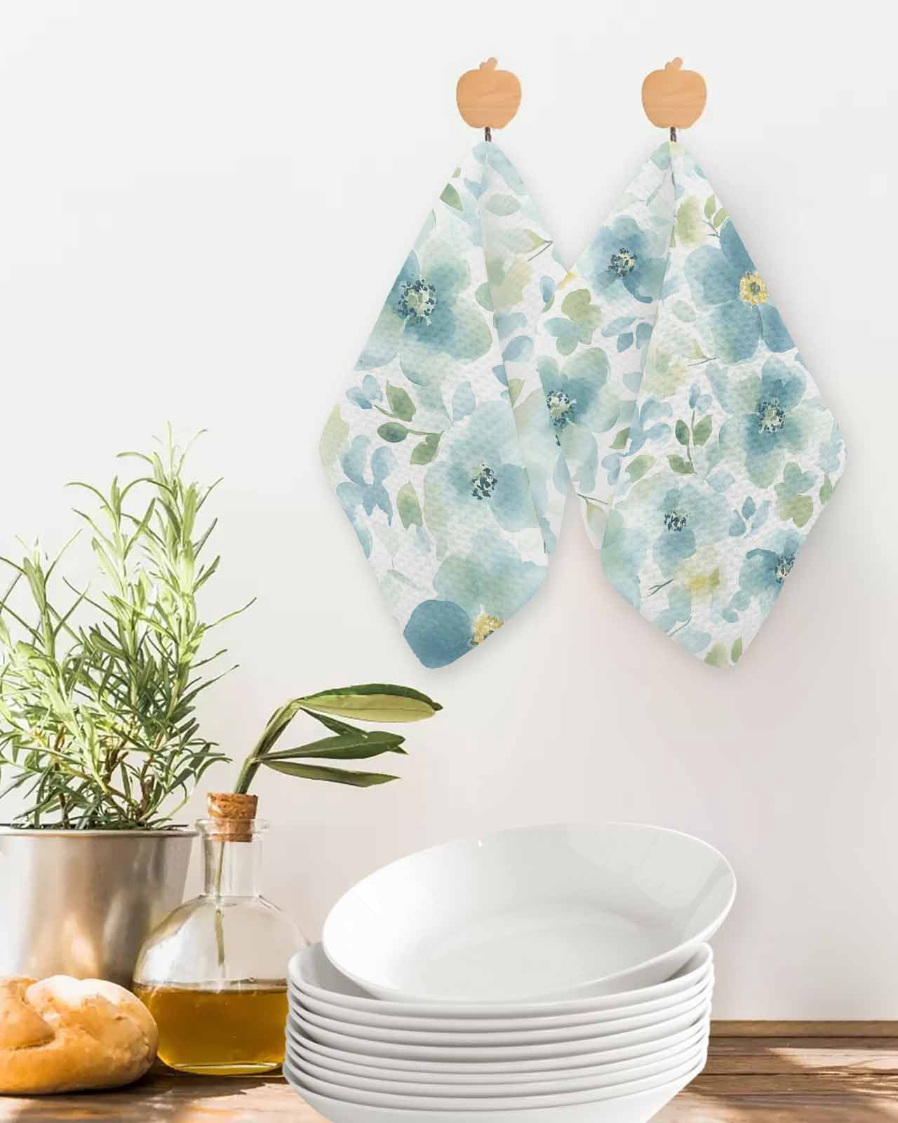 Teal Blue Flower Kitchen Dish Towels for Drying Dishes Set of 3, Abstract Garden Botanical Leaves Waffle Weave Microfiber Terry Hand Tea Bathroom Towels Quick Dry & Absorbent Towel 12x12