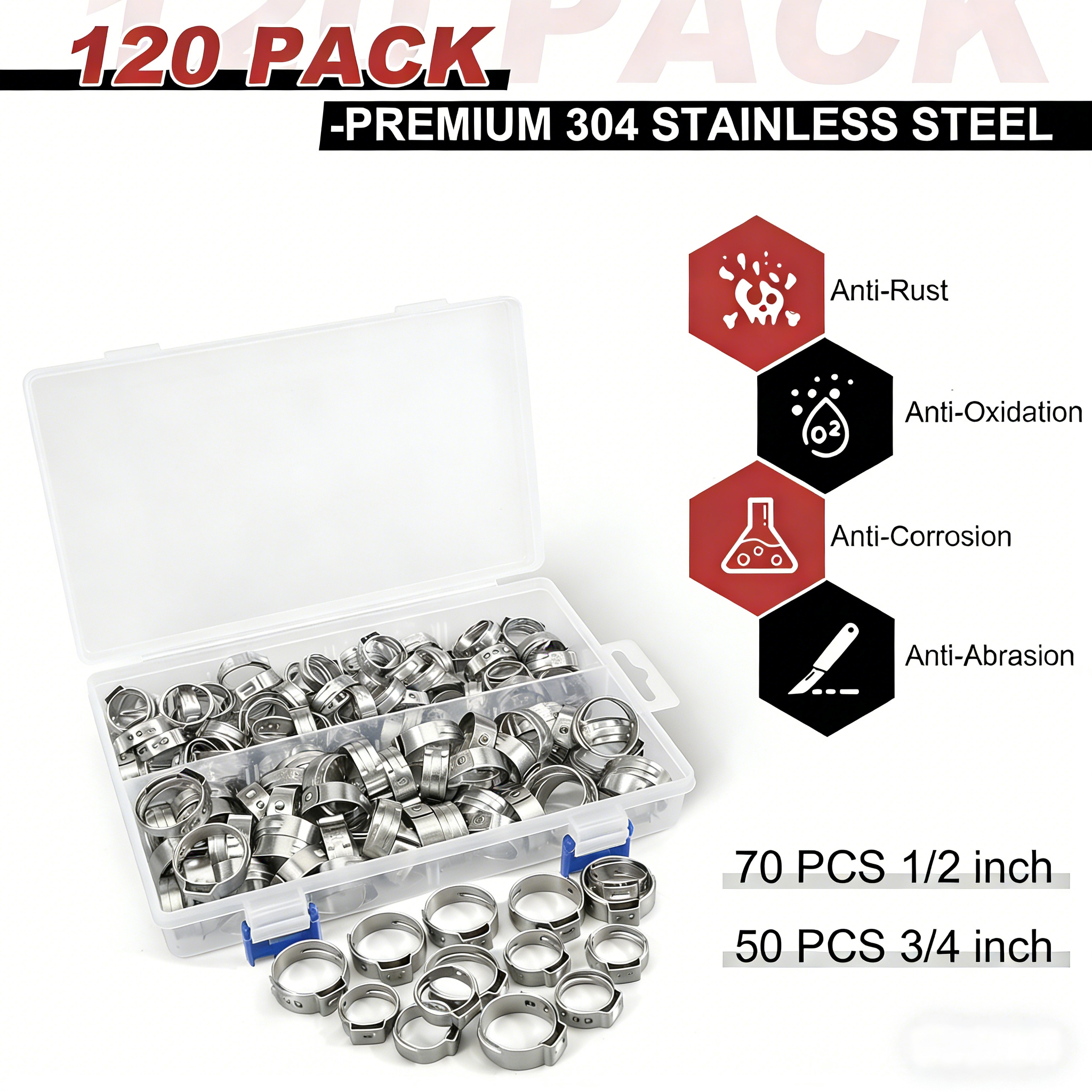 Angooni 120PCS 1/2",3/4" PEX Clinch Clamps Kit, Premium 304 Stainless Steel PEX Clamp Rings, Rings Pinch Clamps for PEX Pipe Fitting Connections