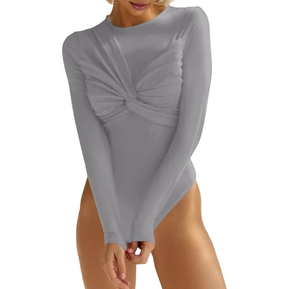 Bodysuits for Women Deep V Neck Twist Knot Fitted Long Sleeve Bodysuit Basic Tops Casual T Shirts Light Gray M