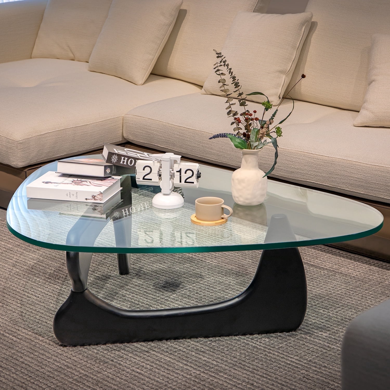 Cottinch 50" Triangle Glass Coffee Table with Wood Base for Living Room Office, Black