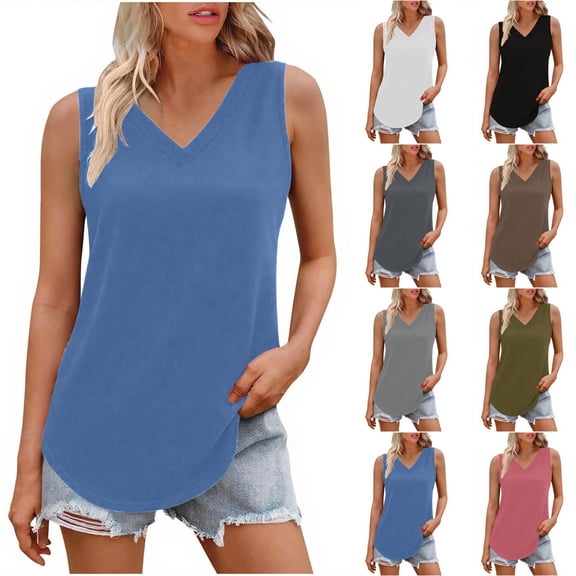 Womans Tank Top Womens Tank Top Tank Tops Women Women's Solid Color V Neck Cover Strip Casual Blouse Blue S
