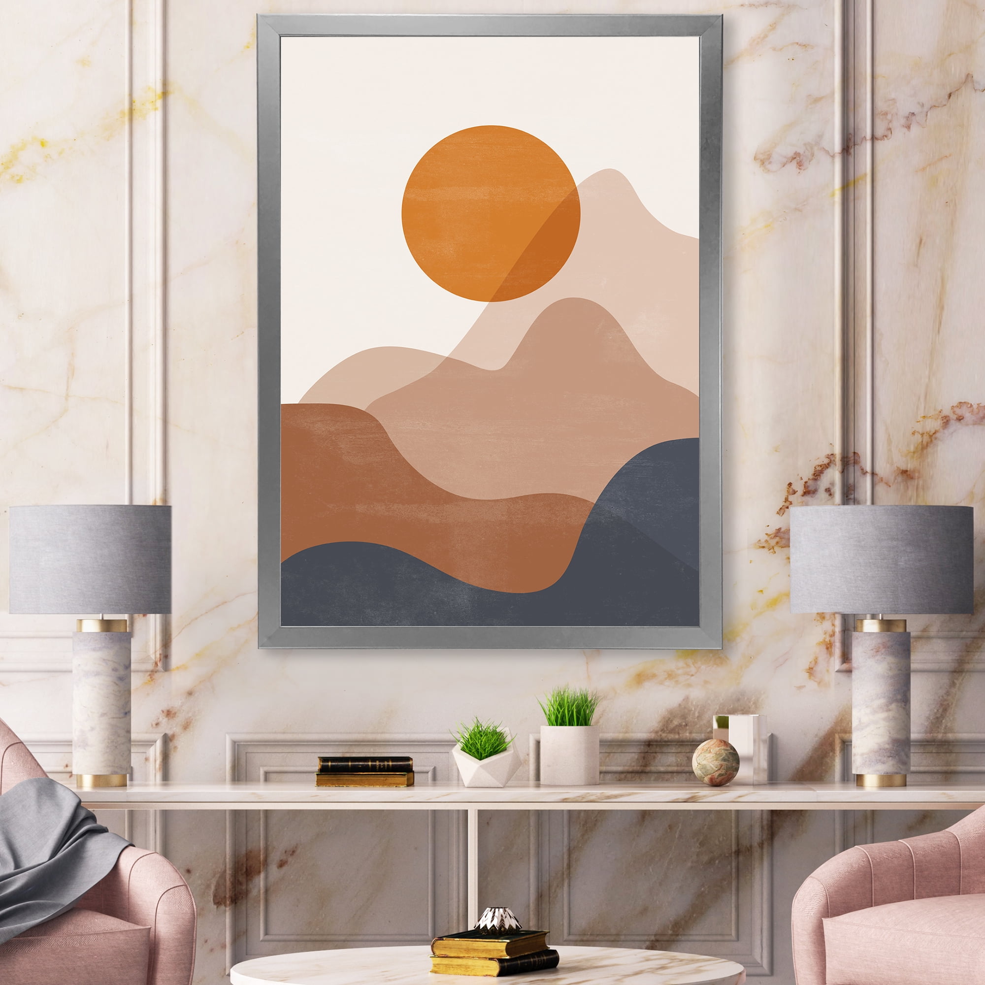 Designart 'Abstract Earth Toned Mountains With Red Moon II' Modern Framed Art Print