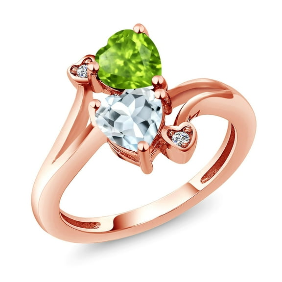 Gem Stone King 18K Rose Gold Plated Silver Green Peridot Sky Blue Aquamarine and White Lab Grown Diamond Ring for Women (1.53 Cttw, Heart Shape 6MM, Gemstone August Birthstone, Size 5)