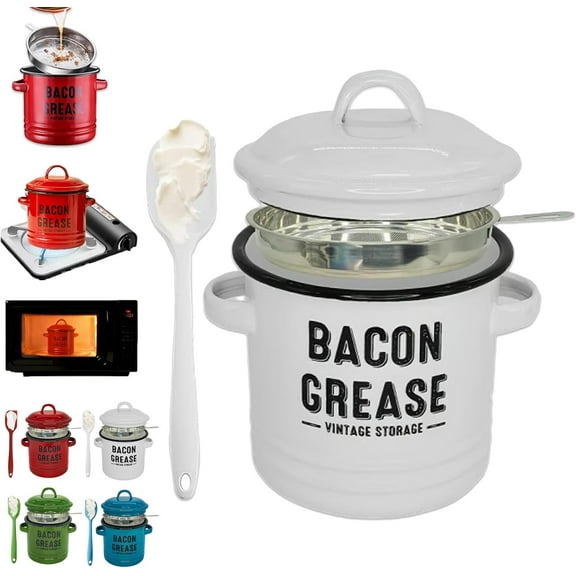 46 oz Bacon Grease Container with Strainer and Food-Grade Silicone Spatula, Kitchen Grease Keeper with Lid, Saver Filter Cookware Can for Cooking, Oil Disposal & Storage - Ceramic Jar (A)