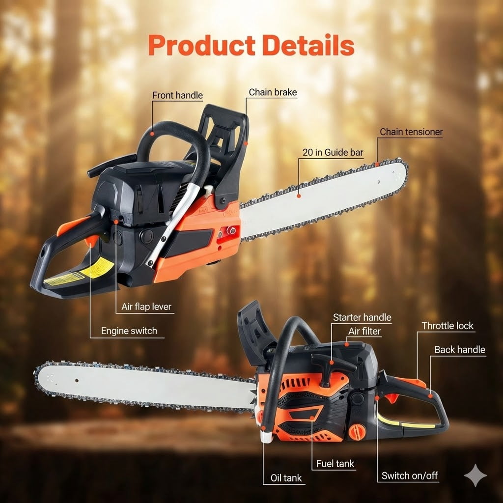 62 cc Gas Chainsaw, 20 inch Gas Powered Chainsaw, 3.8 HP Power Chain Saw with Non-Slip Handle, Gas-Powered Chainsaws with Dual Fuel Tanks, For Wood Cutting, Tree Trimming, and Land Clearing