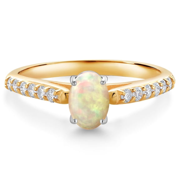 Gem Stone King 10K Two Tone Gold White Ethiopian Opal and White Lab Grown Diamond Engagement Ring for Women (0.69 Cttw, Gemstone October Birthstone, Oval Cabochon 7X5MM, Size 9)