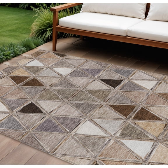 9' X 12' Brown Beige And Khaki Geometric Washable Indoor Outdoor Area Rug