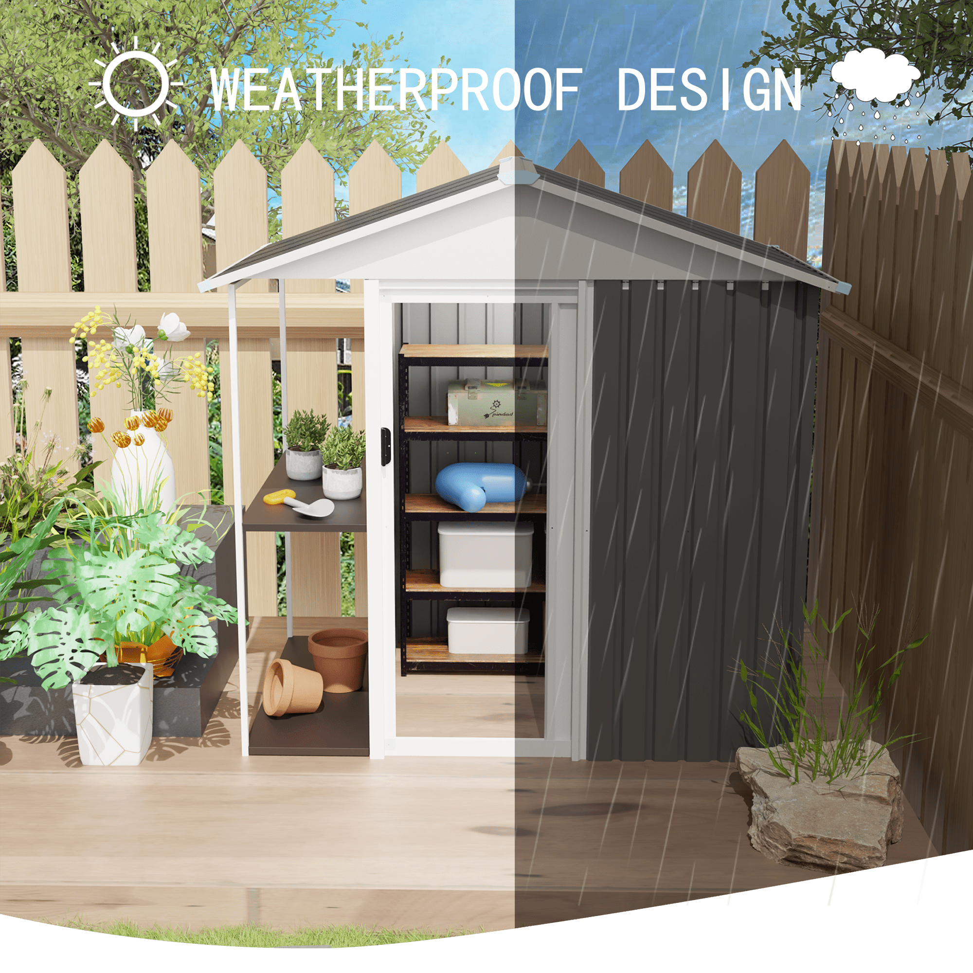 Mintazer 6x4 ft Gable Roof Outdoor Metal Storage Shed with External Side Storage Rack & Lockable Single Door, Weatherproof Small Garden Tool Storage House for Backyard Patio Lawn, Black