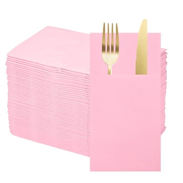 50 Pcs Servilletas Desechables con Sensación de Lino y Bolsillos para Cubiertos Incorporados, Servilletas de Papel para Cuchillo y Tenedor Rosa Claro