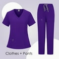 thumbnail image 2 of HAJWOH Scrubs for Women Set Stretchy Nurse Uniform Short Sleeve V-Neck Scrub Top & Pants Solid Color Scrub Suit with Multi Pockets Dark Purple S, 2 of 3