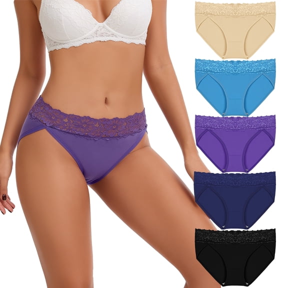 Sunm Boutique Lace High Cut Mid-Rise Panties Plus Size Cotton Underwear for Women, 5-Pack Full Coverage Comfort Waistband
