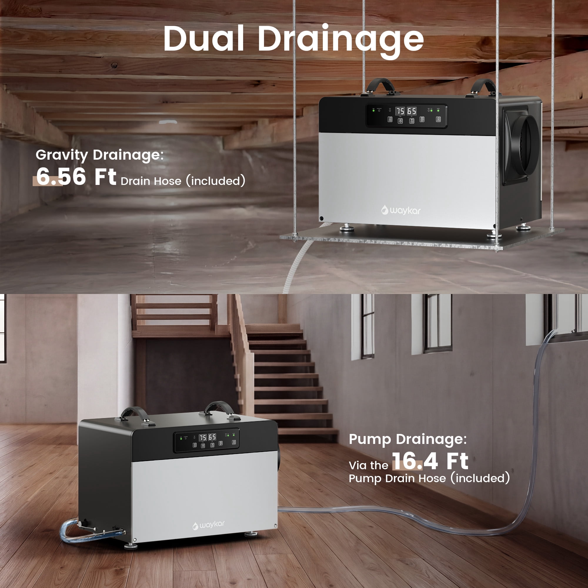Waykar 125 Pint Dehumidifiers with Pump for Large Basement & Warehouses up to 6,500 Sq. Ft, Protable Dehumidifiers with Continuous Drain Hose
