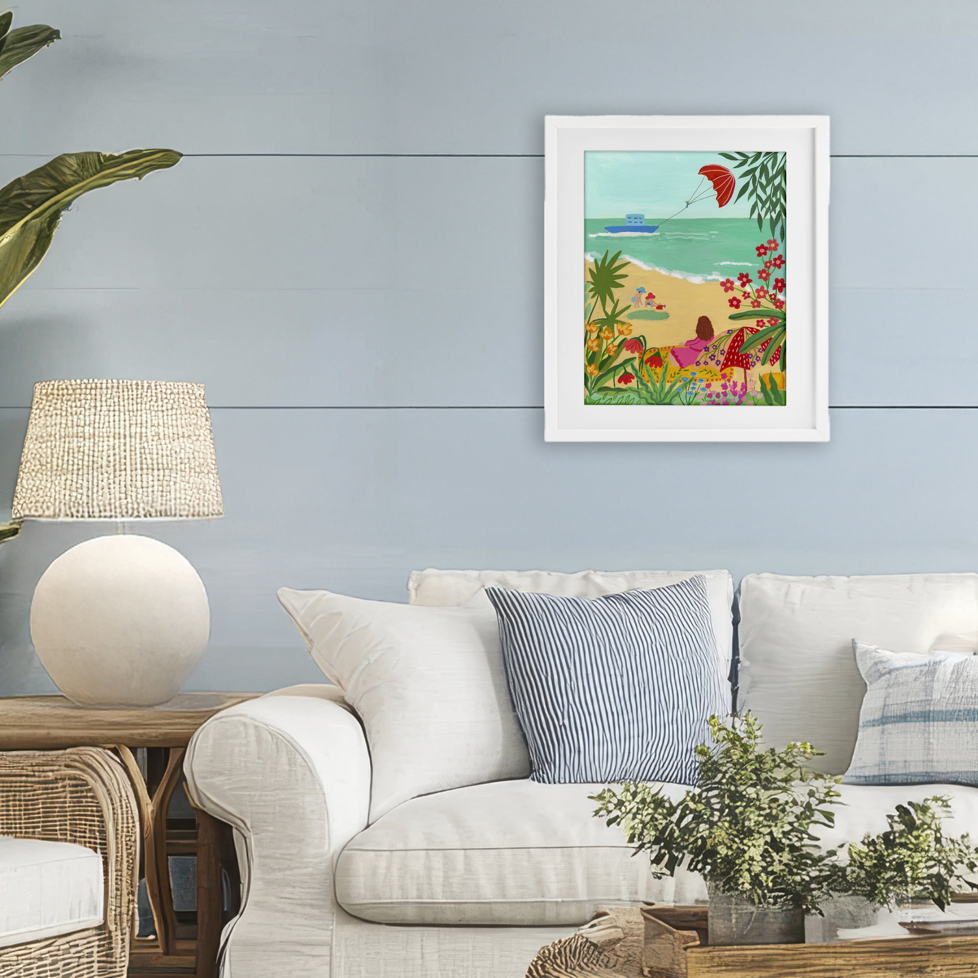 Beach And Flowers View White Framed Print Under Glass, design by Nabeela Rumi