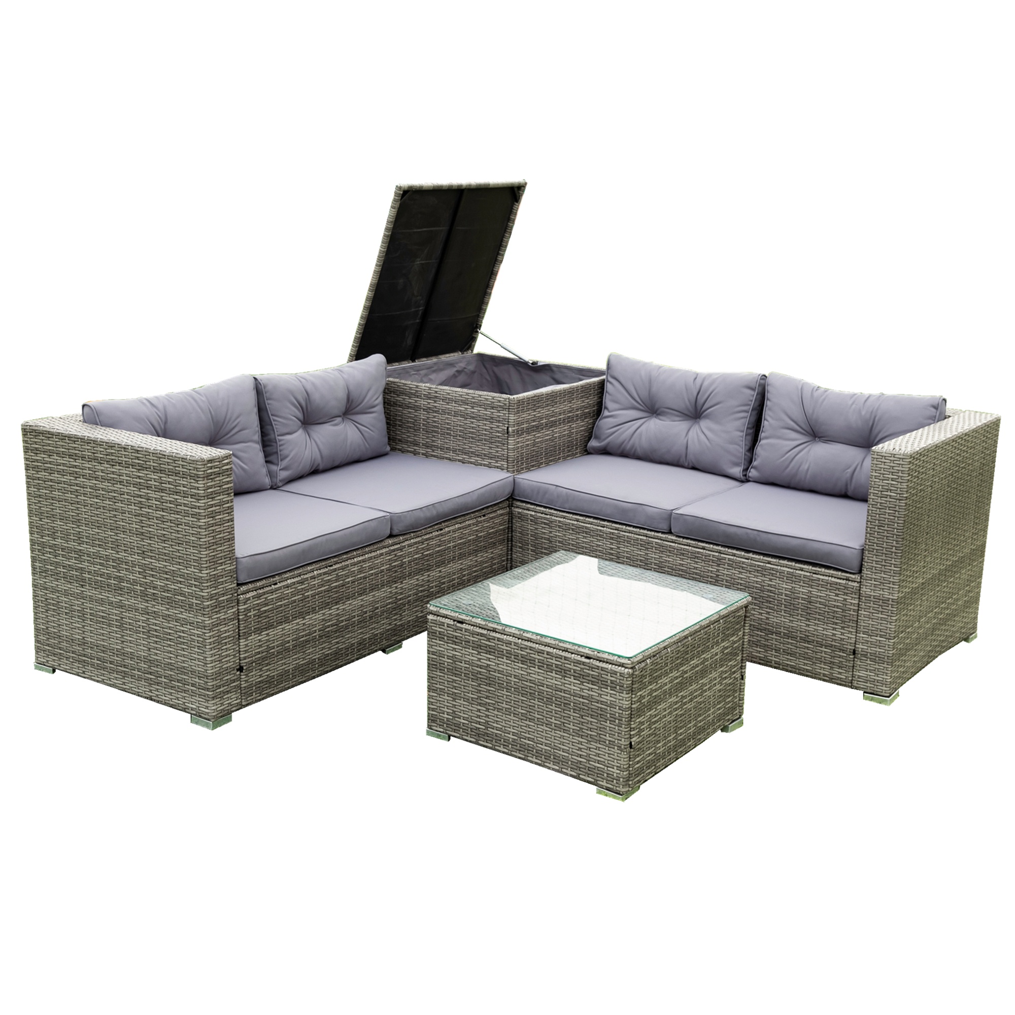 PORKISS 4 Piece Patio Furniture Set, All-Weather Wicker Rattan Outdoor Sectional Sofa Set with Cushions and Storage Box for Garden Poolside, Grey