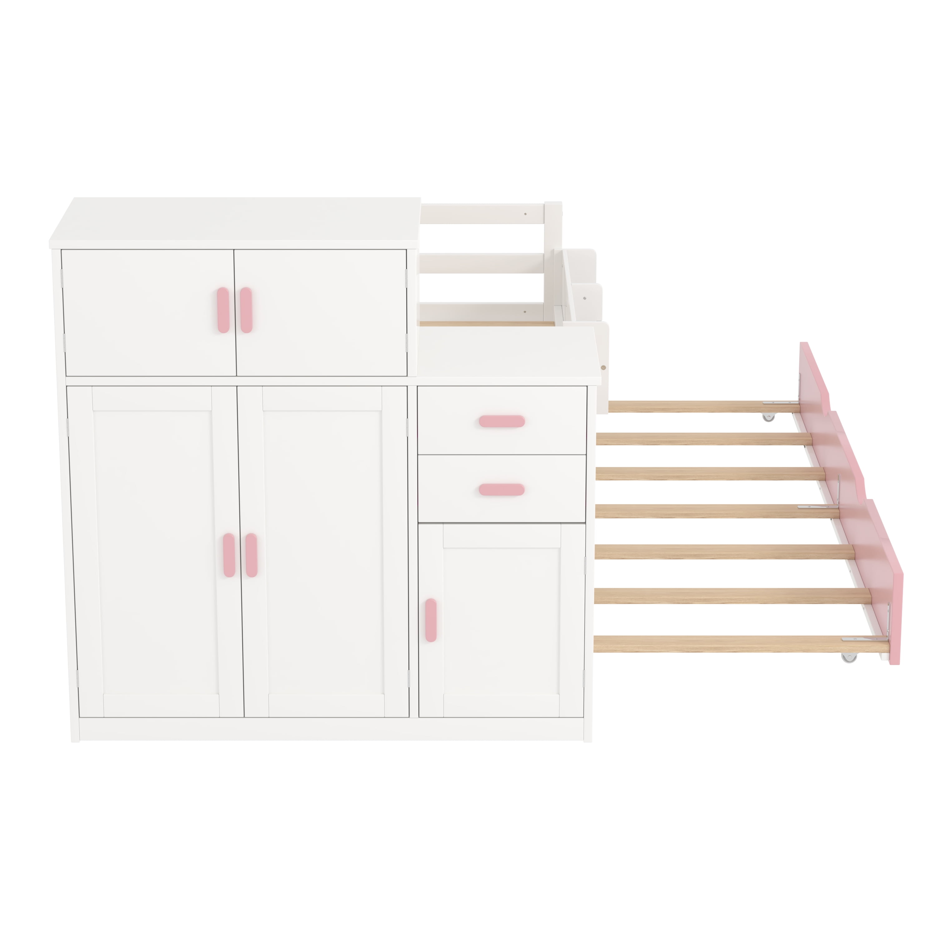 Gewnee Modern Twin Size Wood Platform Bed with Bookshelf and Movable Wardrob Bed Frame