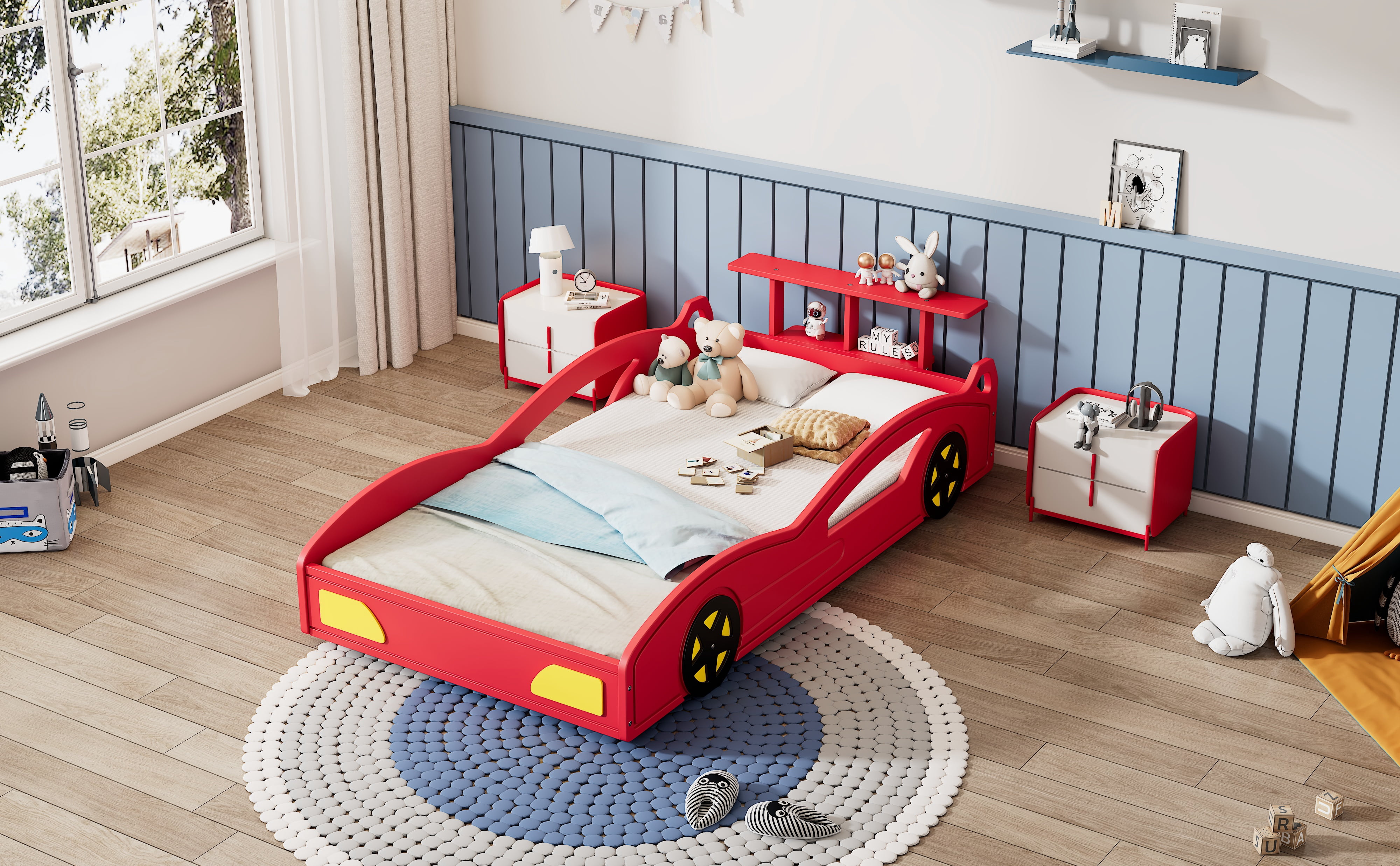 MAYEERTY Twin Wooden Race Car Bed with Wheels for Teens' Bedroom Red & Yellow