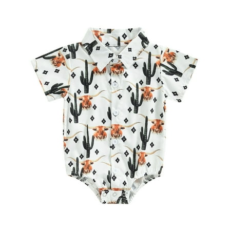 

Western Baby Boy Clothes Cow Print Shirt Romper Short Sleeve Lapel Button Bodysuit Cowboy One Piece Gentleman Outfit