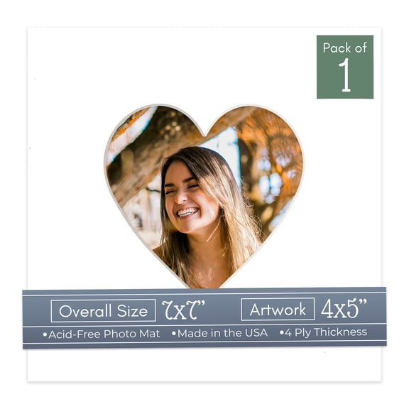White Picture Frame Mat for 7x7 Frames - Heart Opening for 4x5 Photos - 1 Mat