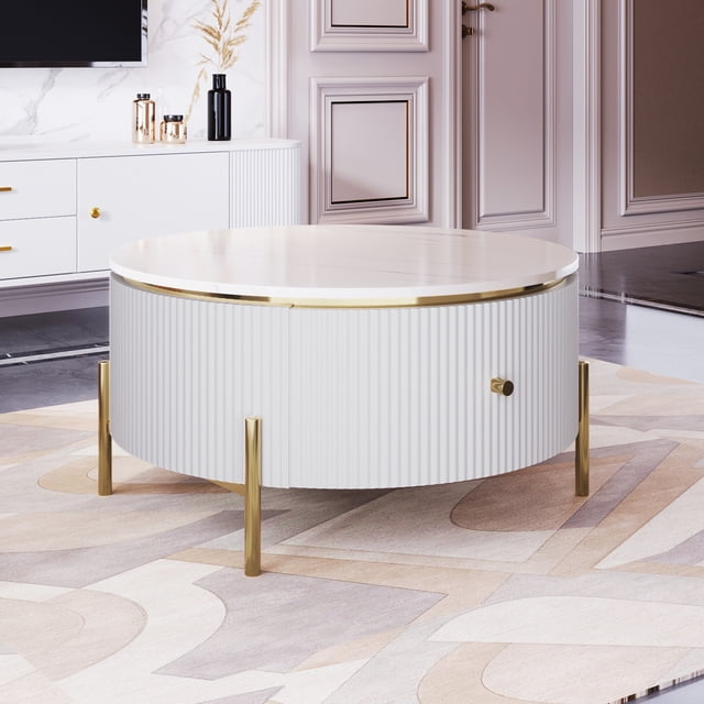 Table Basse Ronde Moderne avec 2 Grands Tiroirs, Table d'Appoint de Rangement (31,5 Pieds')