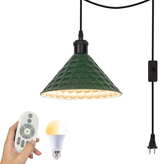 Kiven 1-Light Plug in Pendant Light,Industrial Hanging Light with 15FT Cord, Remote Control, Dimmable Ceiling Pendant Light Green Finish