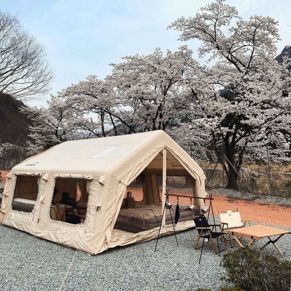 Coody 13.6 (Beige) Inflatable Canvas Camping Tent for 2–8 People – Premium Two Room Family Glamping Air Beam Tent with Stove Jack, Breathable TC Cotton Canvas, Fast Setup, Pump Included