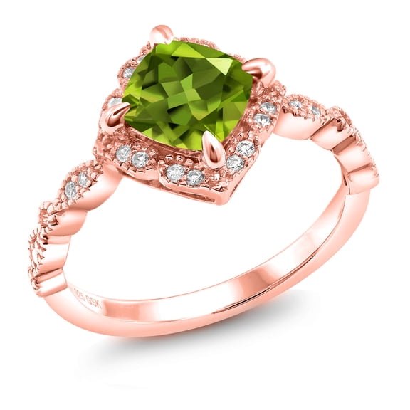 Gem Stone King 18K Rose Gold Plated Silver Ring Cushion Peridot and Moissanite (1.90 Cttw) (Size 9)