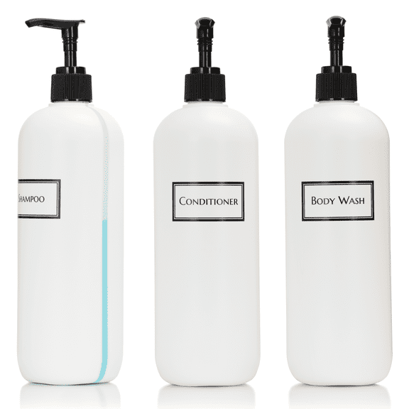 Refillable Body Wash Shampoo and Conditioner Pump Dispenser Bottles with View Stripe, 19 oz 3-Pack Set (Black Pumps) - Silkscreen Labeled Shower Bottles, Empty Plastic Bottles with Pump for Bathroom