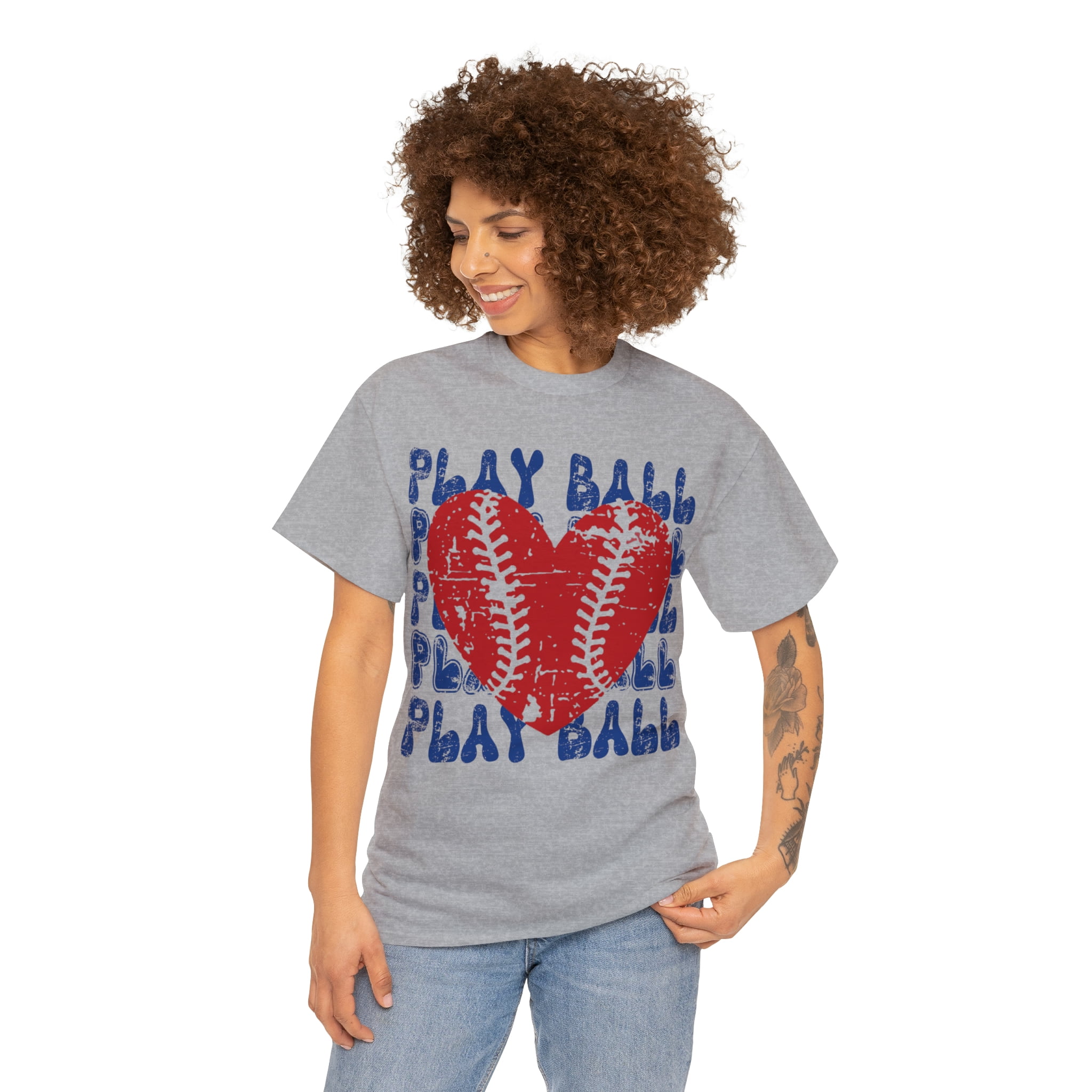 Vintage Play Ball Retro Heart Baseball T-Shirt Women's Unisex Graphic Tee Sport Grey Large