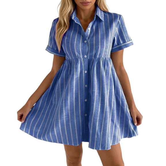 Casual Mini Dresses for Women Striped Short Sleeve Button Front Turn Down Collar Relaxed Fit Knit Shirt Dress BU1 L