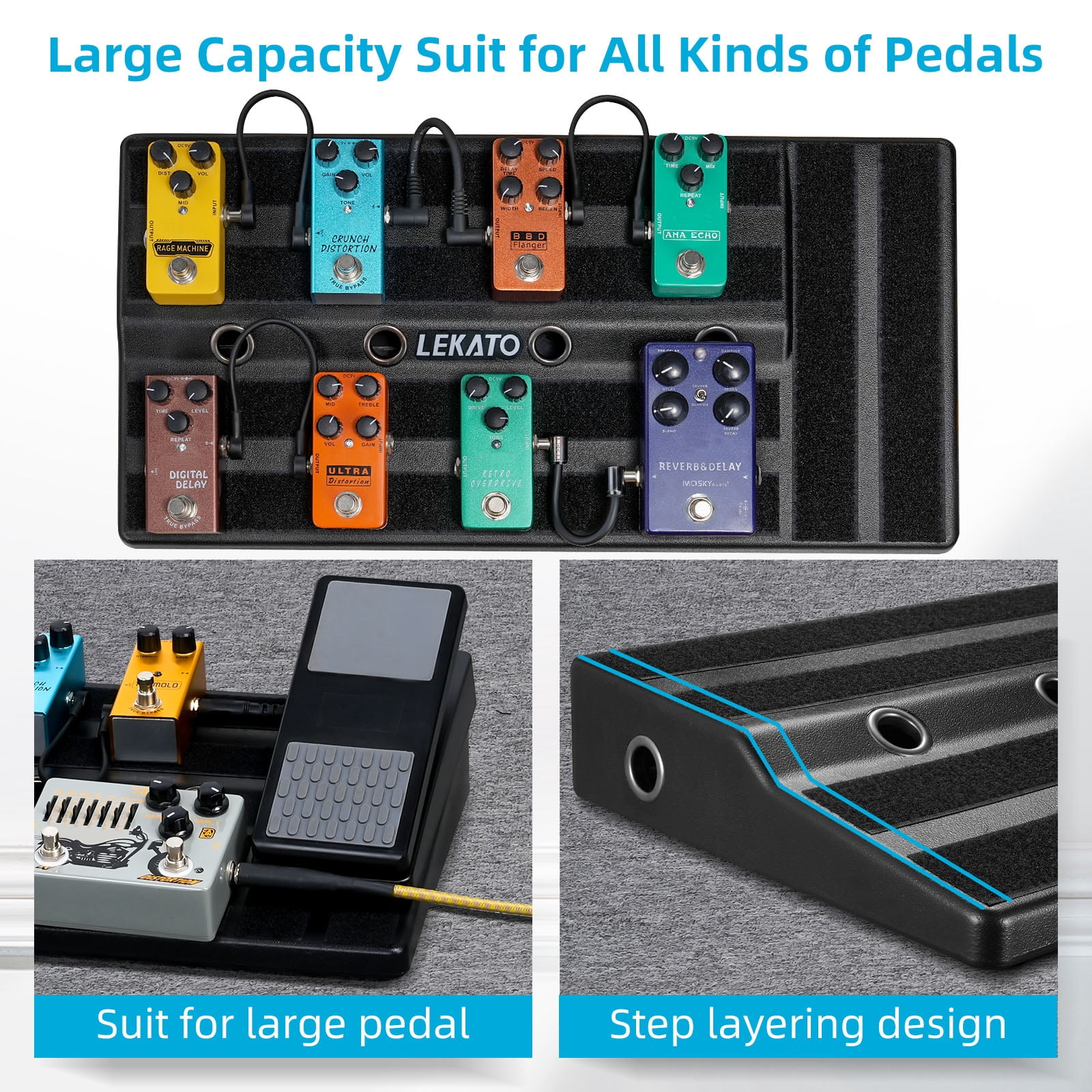 LEKATO Guitar Pedal Board 19.7''x10''x2.4" Large Capacity Guitar Pedalboards with Built-in Power Supply Room with Carry Bag and Mounting Tape